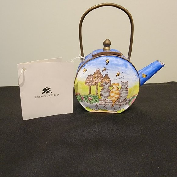 Vintage Miniature Enamel on Copper Teapot - 3 Cat Design - Empress Arts Ltd. - Picture 1 of 16
